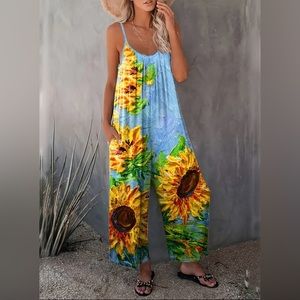 Boho Sunflower print sleeveless,wide leg, comfortable fit jumpsuit size:Various